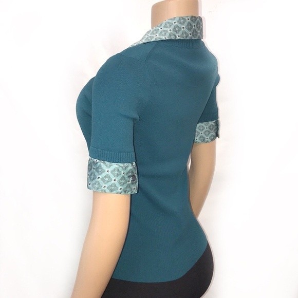 90s LOFT Knit Short Sleeve Top Satin layered Twofer Teal Burgundy size XS - Picture 3 of 10